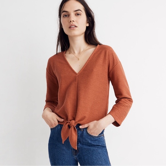 Madewell Texture & Thread Rust Ribbed Tie Front Top XL - Picture 1 of 8